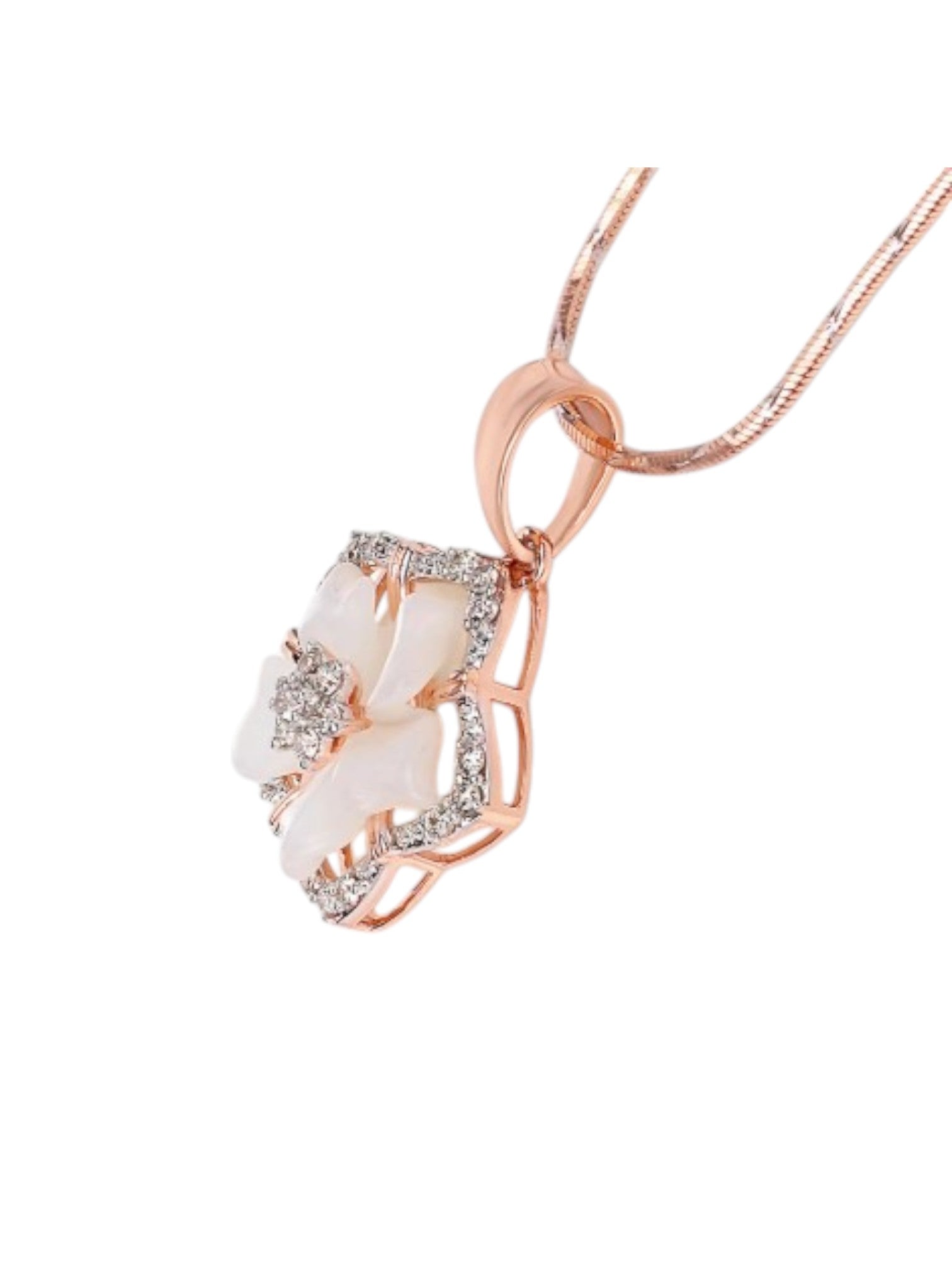 Trendy Flower Design 925 Sterling Silver CZ Stone Rose Gold Plated Pendant With Chain For Women By Kesardeep